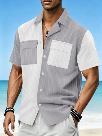 Men Short Sleeve Color Block Casual Shirt Summer Beach Vacation Lapel Contrast Button Down Shirt With Dual Pockets