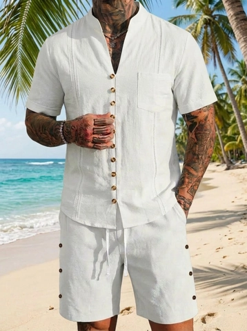 Men Casual Cotton Linen Set Stand Collar Short Sleeve Shirt And Shorts Solid Color Vacation Beach Summer Outfit Wear