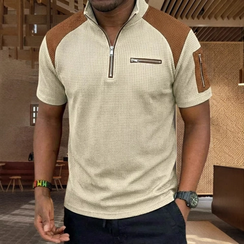 Polo da Uomo in Maglia a Nido d-Ape Color Block Con Mezza Cerniera Manica Corta Casual Sport Top Con Tasche Multiple Per Uomo
