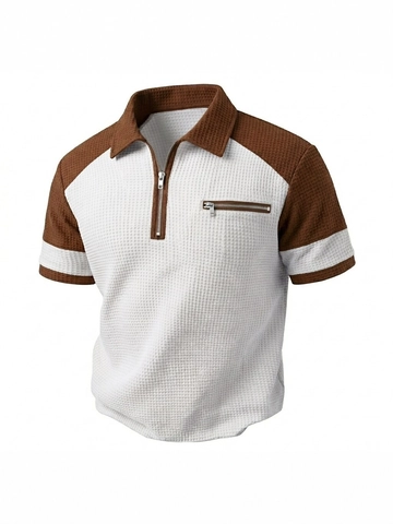 Polo pour Homme en Maille Gaufrette Manches Courtes Color-block Haut Décontracté Avec Demi-fermeture Éclair Et Poche Poitrine Décorative Mode Été