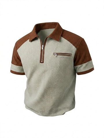 Polo pour Homme en Maille Gaufrette Manches Courtes Color-block Haut Décontracté Avec Demi-fermeture Éclair Et Poche Poitrine Décorative Mode Été