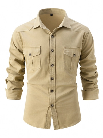 Herren Gekämmte Baumwolle Langarm Casual Hemd Utility Workwear Slim Fit Doppel Tasche Distressed Gewaschen Knopfleiste Top
