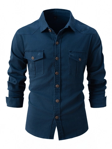 Herren Gekämmte Baumwolle Langarm Casual Hemd Utility Workwear Slim Fit Doppel Tasche Distressed Gewaschen Knopfleiste Top