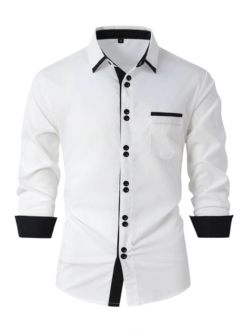 Camisa de Manga Larga Ajustada Casual de Negocios para Hombre Mezcla de Algodón Bloque de Color Solapa con Botones y Bolsillo