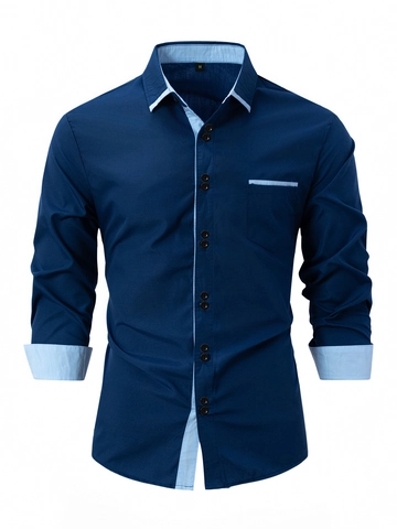 Camisa de Manga Larga Ajustada Casual de Negocios para Hombre Mezcla de Algodón Bloque de Color Solapa con Botones y Bolsillo