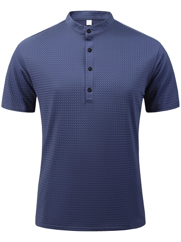 Polo Henley de Corte Ajustado para Hombre Cuello Mandarín Manga Corta Textura de Gofre Top Casual de Poliamida Elastano
