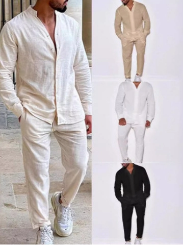 Traje Casual de Lino para Hombre Camisa de Manga Larga con Cuello Alto y Pantalón Conjunto de Otoño Liso