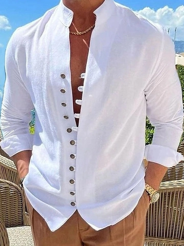 Camicia in Misto Cotone Casual da Uomo Retro Collo alla Coreana Multi Bottone Manica Lunga Tinta Unita Vacanza Spiaggia Top