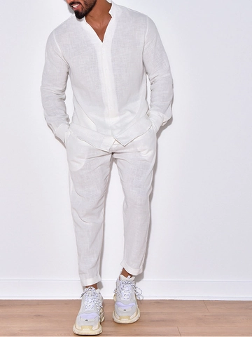 Traje Casual de Lino para Hombre Camisa de Manga Larga con Cuello Alto y Pantalón Conjunto de Otoño Liso