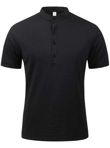 Polo Henley de Corte Ajustado para Hombre Cuello Mandarín Manga Corta Textura de Gofre Top Casual de Poliamida Elastano