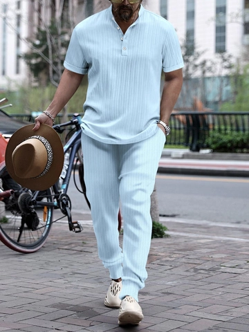 Herren Zwei Teile Freizeitanzug Kurzarm Henley Hemd Und Jogginghose Rippenstrick Vertikale Textur Strandoutfits