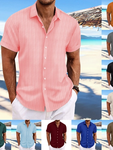 Camicia Casual da Uomo in Cotone Lino Manica Corta Righe Verticali Texture Chiusura Bottoni Traspirante Top Largo per Spiaggia