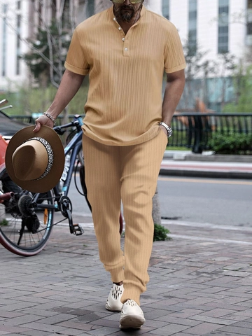 Herren Zwei Teile Freizeitanzug Kurzarm Henley Hemd Und Jogginghose Rippenstrick Vertikale Textur Strandoutfits