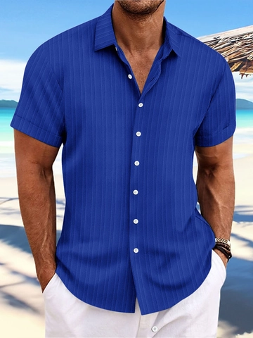 Camicia Casual da Uomo in Cotone Lino Manica Corta Righe Verticali Texture Chiusura Bottoni Traspirante Top Largo per Spiaggia