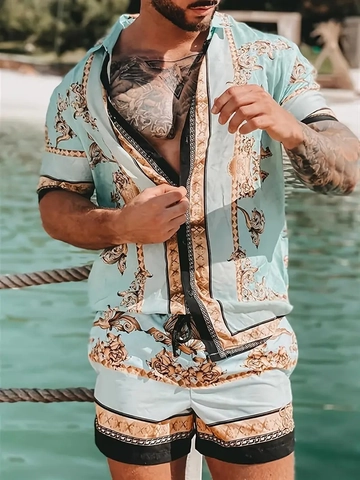 Ensemble Chemise de Vacances et Short à Cordon pour Hommes à Imprimé Baroque Graphismes Floraux Vintage Or de Luxe Haut et Bas de Plage d'Été