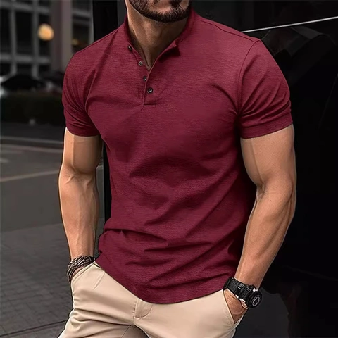 Herren Kurzarm Henley Shirt Slim Fit Casual Polyester Polo T-Shirt Mit Knopf Stehkragen Sommer Sport Top