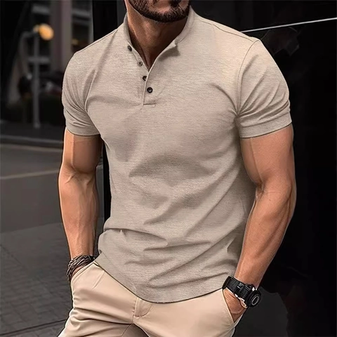 Herren Kurzarm Henley Shirt Slim Fit Casual Polyester Polo T-Shirt Mit Knopf Stehkragen Sommer Sport Top