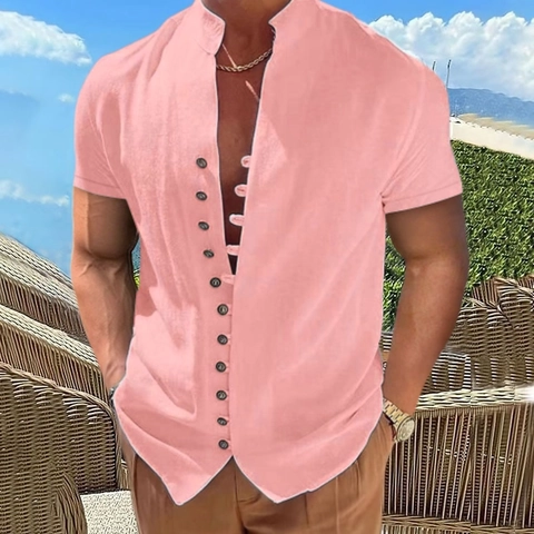 Men Casual Cotton Linen Short Sleeve Shirt Retro Stand Collar Multi Button Summer Beach Relaxed Fit Vacation Top