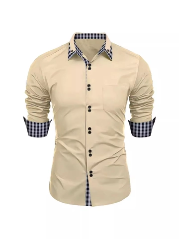 Men's Slim Fit Plaid Patchwork Long Sleeve Shirt British Business Casual Cotton Blend Button Down Shirt With Pocket