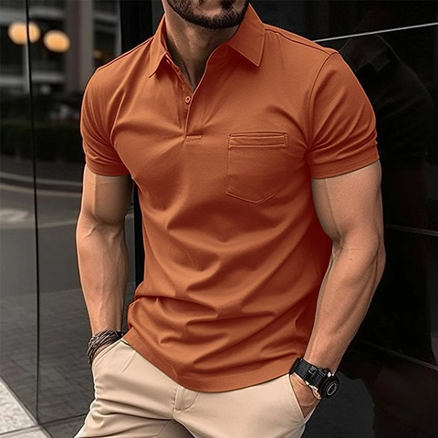 Polo Casual de Poliéster para Hombre Manga Corta Con Bolsillo en el Pecho Color Sólido Cómodo Transpirable Solapa Top