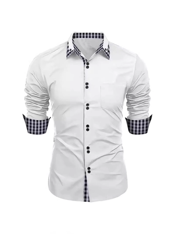 Men's Slim Fit Plaid Patchwork Long Sleeve Shirt British Business Casual Cotton Blend Button Down Shirt With Pocket
