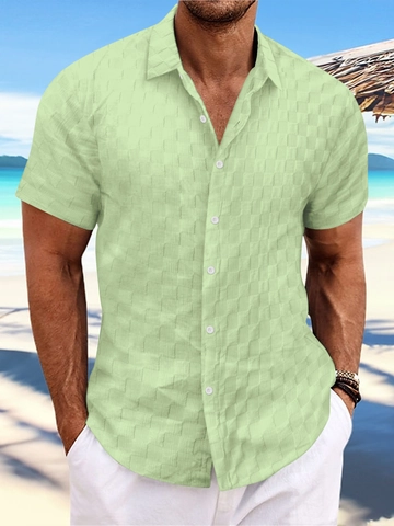 Men's Casual Short Sleeve Shirt Jacquard Plaid Polyester Lapel Button Down Breathable Summer Beach Vacation Slim Fit Top