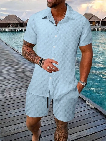 Men Casual Waffle Texture Shirt And Shorts Two Item Outfit Holiday Beach Short Sleeve Lapel Button Shirt Drawstring Shorts
