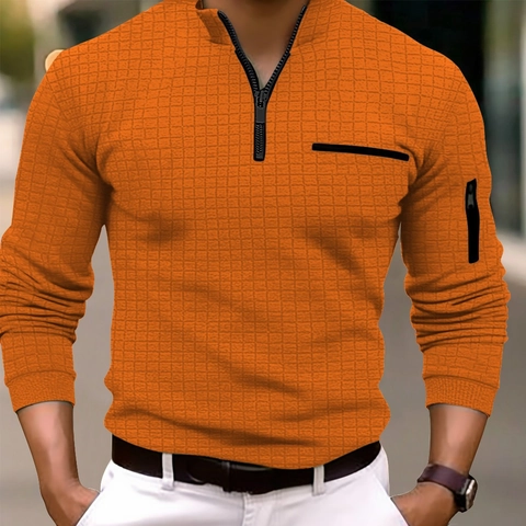 Polo da Uomo Casual Trama a Nido d'Ape Manica Lunga con Cerniera a Quarto Collo Alto Tasche con Cerniera a Contrasto Top Comodo