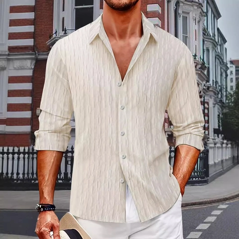 Camicia Casual da Uomo a Maniche Lunghe con Motivo Jacquard Geometrico Testurizzato Colletto a Revers per Vacanze