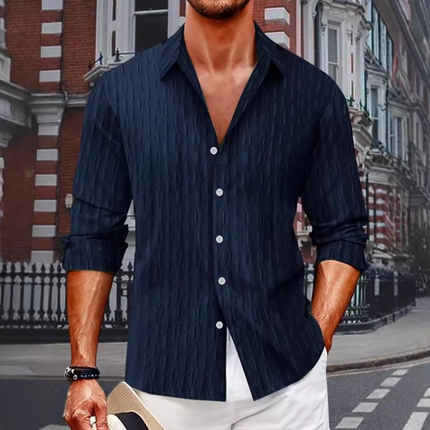 Camicia Casual da Uomo a Maniche Lunghe con Motivo Jacquard Geometrico Testurizzato Colletto a Revers per Vacanze