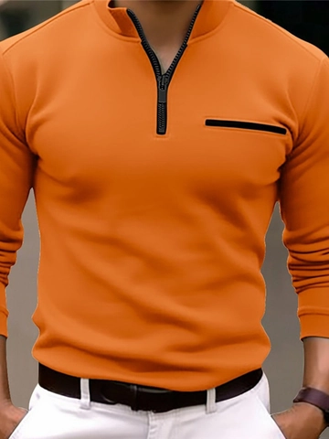 Polo da Uomo con Cerniera Collo in Piedi Manica Lunga Casual Tinta Unita Top con Tasca Decorativa con Cerniera Business Polo