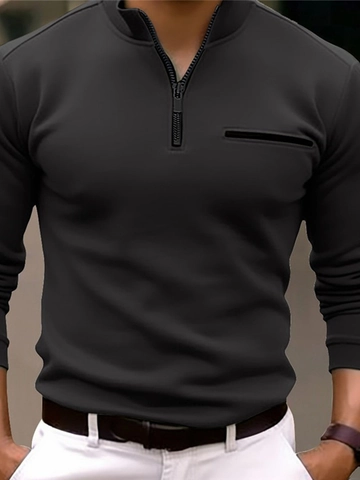 Polo da Uomo con Cerniera Collo in Piedi Manica Lunga Casual Tinta Unita Top con Tasca Decorativa con Cerniera Business Polo