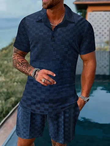Ανδρικό Trendy Σετ Σκακιέρα Ζακάρ Polo Μπλουζάκι Και Σορτς Casual Αθλητικό Σετ Καλοκαιρινό Αναπνεύσιμο Για Παραλία
