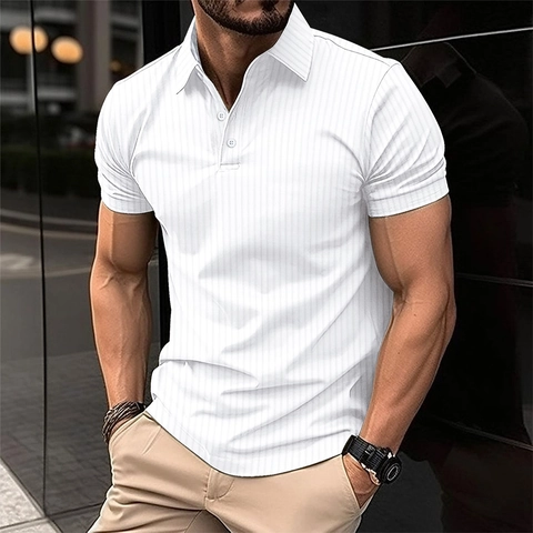 Polo de Manga Corta para Hombre Ajustado Elástico con Rayas Verticales de Punto Acanalado Polo Casual Deportivo para Hombre Verano