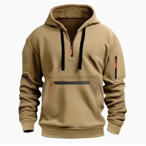 Men Quarter Zip Hoodie Fleece Lined Hooded Sweatshirt With Arm Zipper Pocket Casual Solid Color Pullover For Men Top