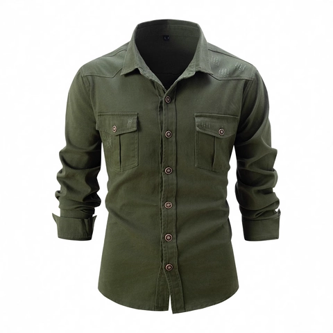 Herren Casual Baumwolle Cargo Arbeitshemd Langarm Slim Fit Distressed Button Down Hemd Mit Doppeltaschen Einfarbig Top
