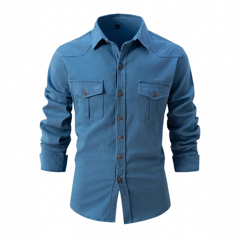 Herren Casual Baumwolle Cargo Arbeitshemd Langarm Slim Fit Distressed Button Down Hemd Mit Doppeltaschen Einfarbig Top