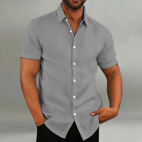 Men's Casual Short Sleeve Waffle Texture Shirt Breathable Lapel Button Up Solid Color Summer Fashion Tops Men Shirt