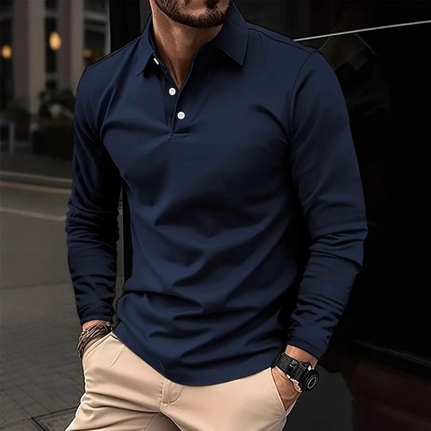 Herren Casual Langarm Polo Shirt Einfarbig Reverskragen Baumwollmischung Slim Fit Business Polo Shirt Für Frühling Herbst