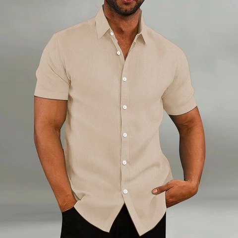 Men's Casual Short Sleeve Waffle Texture Shirt Breathable Lapel Button Up Solid Color Summer Fashion Tops Men Shirt