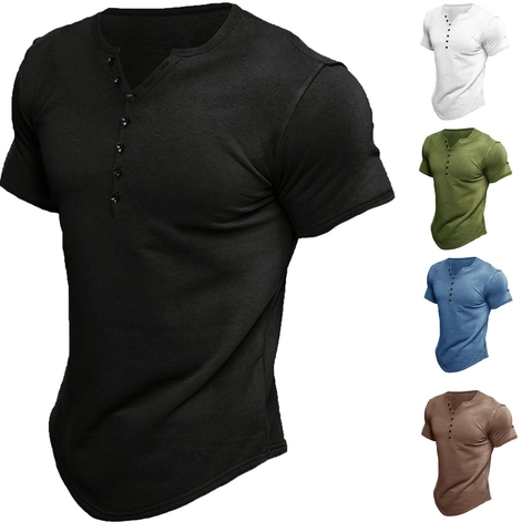 Herren Mode Casual Kurzarm Henley-Shirt Slim Fit Einfarbig Polyester T-Shirt Mit Knopfleiste Sommer Tops