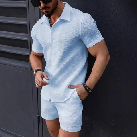 Herren Casual Hemd Und Shorts Waffelstruktur Kurzarm Knopfleiste Outfits Sommer Strand Urlaub Kleidung