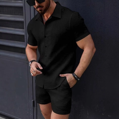 Herren Casual Hemd Und Shorts Waffelstruktur Kurzarm Knopfleiste Outfits Sommer Strand Urlaub Kleidung