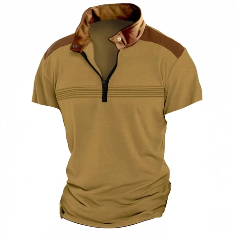Men's Casual Short Sleeve Polo Shirt Color Block 1/4 Zipper Stand Collar Contrast Patchwork Horizontal Texture Summer Top For Men