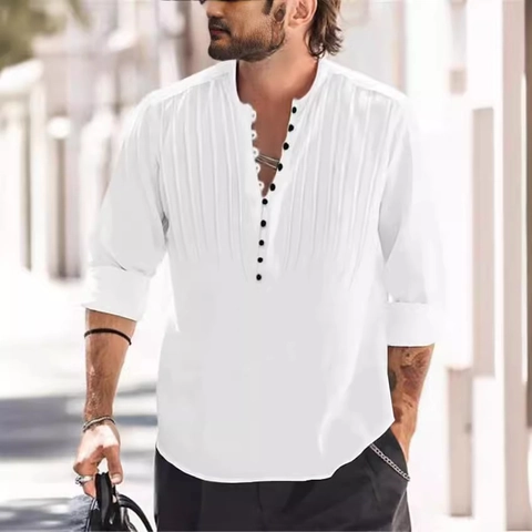 Men's Casual Henley Shirt Long Sleeve Pintuck Pleated Top Solid Color Multi Button Fashion Breathable Polyester Blend Tee
