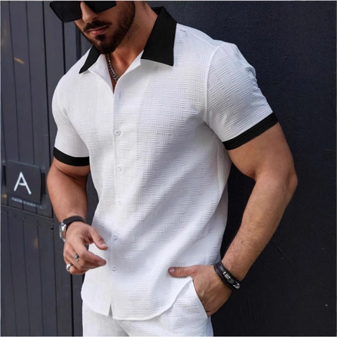 Camicia da Uomo Casual in Maglia a Nido d'Ape a Contrasto Manica Corta E Pantaloncini Moda Revers Button Down Outfit Estivo