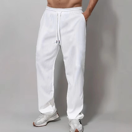 Men Casual Cotton Linen Drawstring Pants Straight Leg Solid Color Trousers Elastic Waist Summer Beach Fashion Pockets