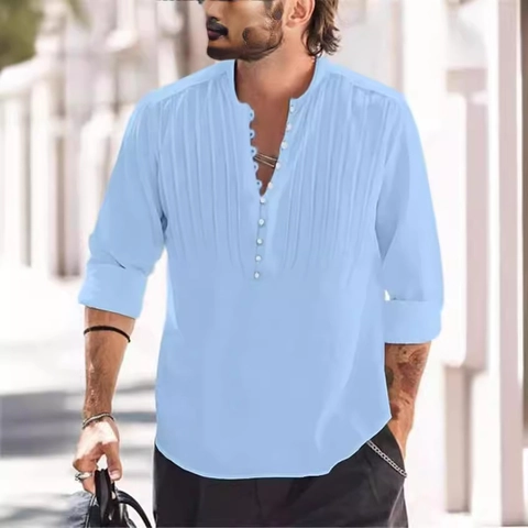 Men's Casual Henley Shirt Long Sleeve Pintuck Pleated Top Solid Color Multi Button Fashion Breathable Polyester Blend Tee