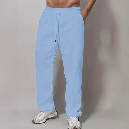 Men Casual Cotton Linen Drawstring Pants Straight Leg Solid Color Trousers Elastic Waist Summer Beach Fashion Pockets