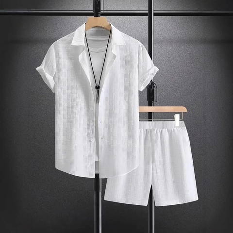 Chemise Et Short Décontractés Été Homme Texture Jacquard Manches Courtes Chemise Short Tenues Vacances Plage Vêtements